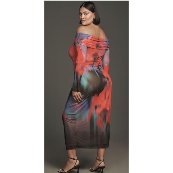 Anthropologie AFRM Midi Dress Pink Off The Shoulder Mesh Preppy Sexy Size 1X NWT - Picture 5 of 12